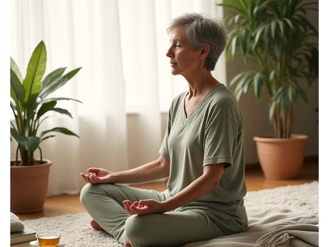 Woman meditating in a serene setting, representing holistic hormone balance.