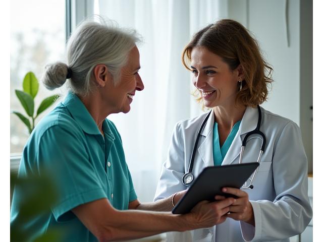 Female doctor or health professional consulting with a mature woman using a tablet, symbolizing expert support and telemedicine.