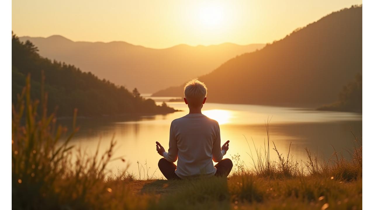 Person meditating peacefully in a serene, sunlit natural setting, representing calm and focus.