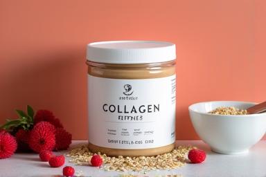 Collagen peptides powder with measuring spoon and berry fruits.