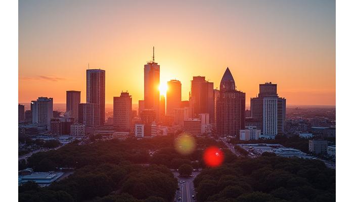 A modern Austin city skyline at sunset, with digital interface elements subtly overlaid, representing the city's tech innovation.